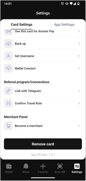 Ammer Wallet card settings